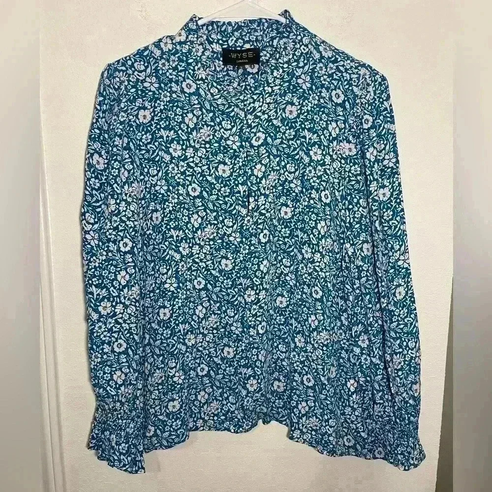 WYSE London Blue Floral Long Sleeve Frill Button Down Blouse Top Womens Size 3